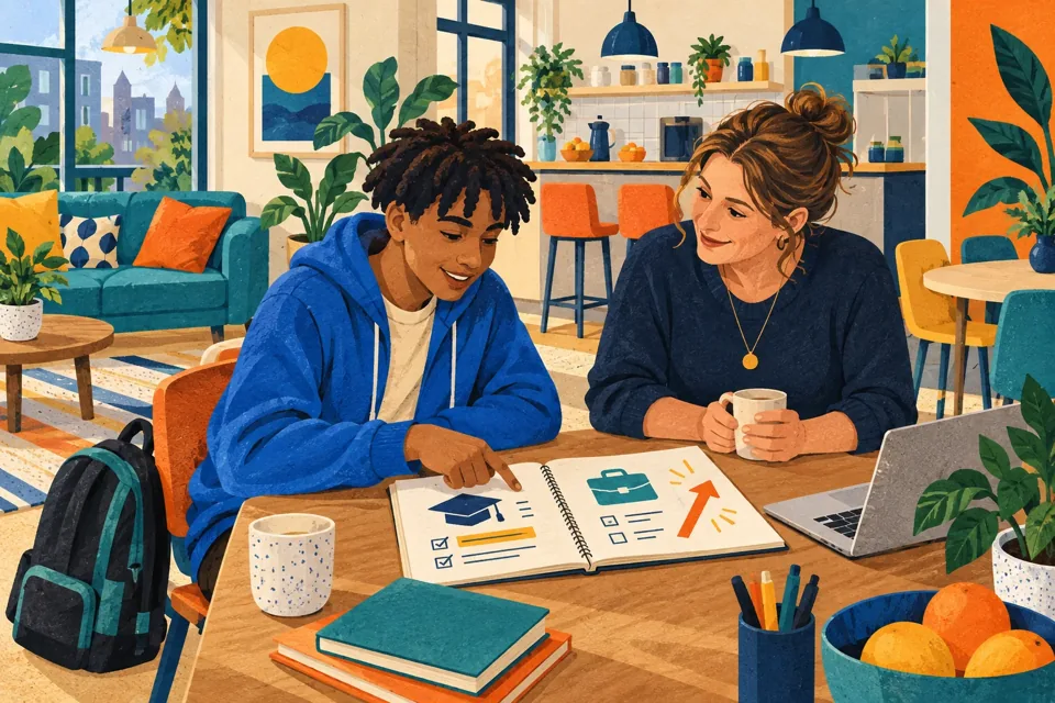 Illustration of a young person exploring future education and work opportunities